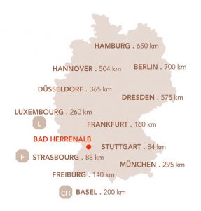 Deutschland Karte mit eingezeichneten großen Städten sowie Lage von Bad Herrenalb