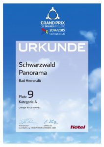 Urkunde des Schwarzwald Panoramas Bad Herrenalb für den Platz 9 Kategorie A beim Grand Prix der Tagungshotellerie 2015/2015