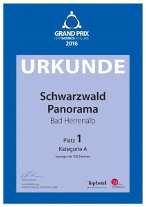 Urkunde des Schwarzwald Panoramas Bad Herrenalb für den Platz 1 Kategorie A beim Grand Prix der Tagungshotellerie 2015/2015