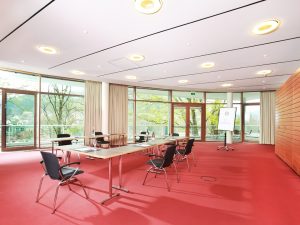 A conference room with red carpet in front of a panoramic view of the black forest, as a part of the conference services of the hotel SCHWARZWALD PANORAMA