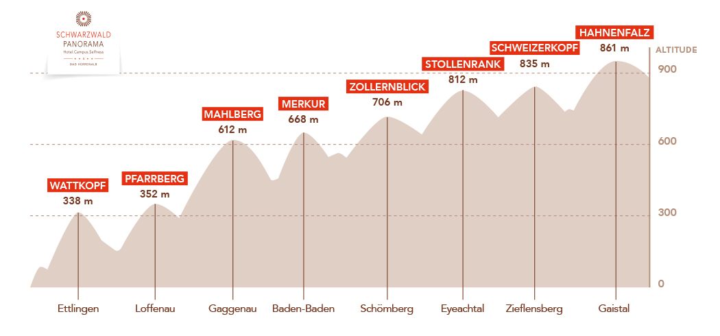 A graph detailing the altitude and height of mountains surrounding the Hotel SCHWARZWALD PANORAMA