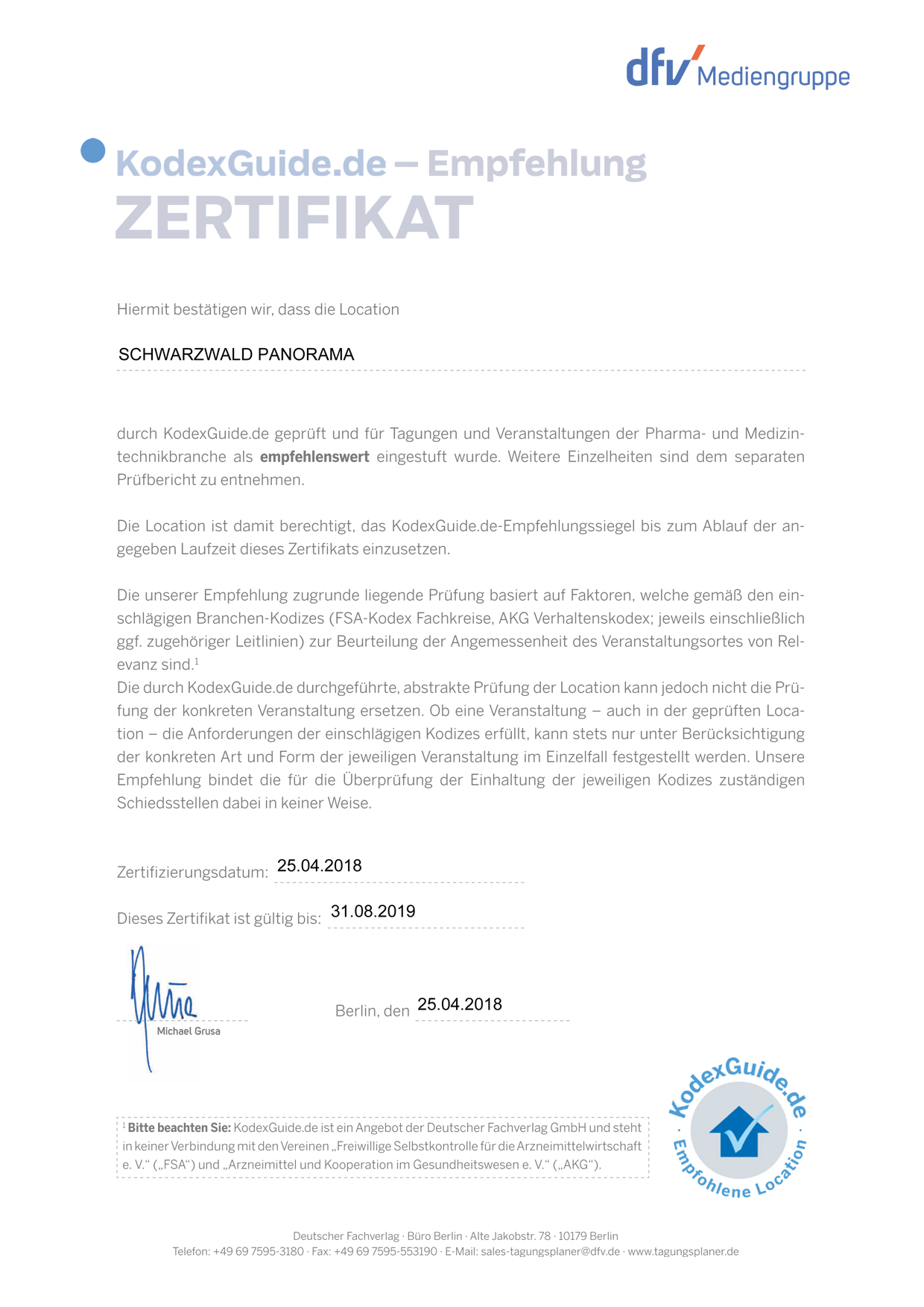 Zertifikat KodexGuide.de 2018/2019 für das Schwarzwald Panorama als empfehlenswerte Location für Tagungen und Veranstaltungen