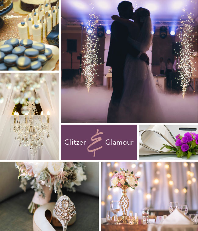Bilder einer Glitzer & Glamour Hochzeit im Hotel Schwarzwald Panorama mit glamouröser Beleuchtung und Glitzeraccesoires an Schuhen, Kronleuchter und Demo