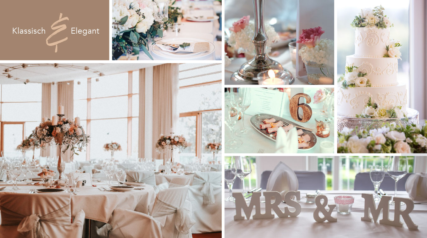 Bilder einer klassisch-eleganten Hochzeit im Hotel Schwarzwald Panorama mit festlich gedeckten Tischen, weißer Hochzeitstorte und Blumenbouqets