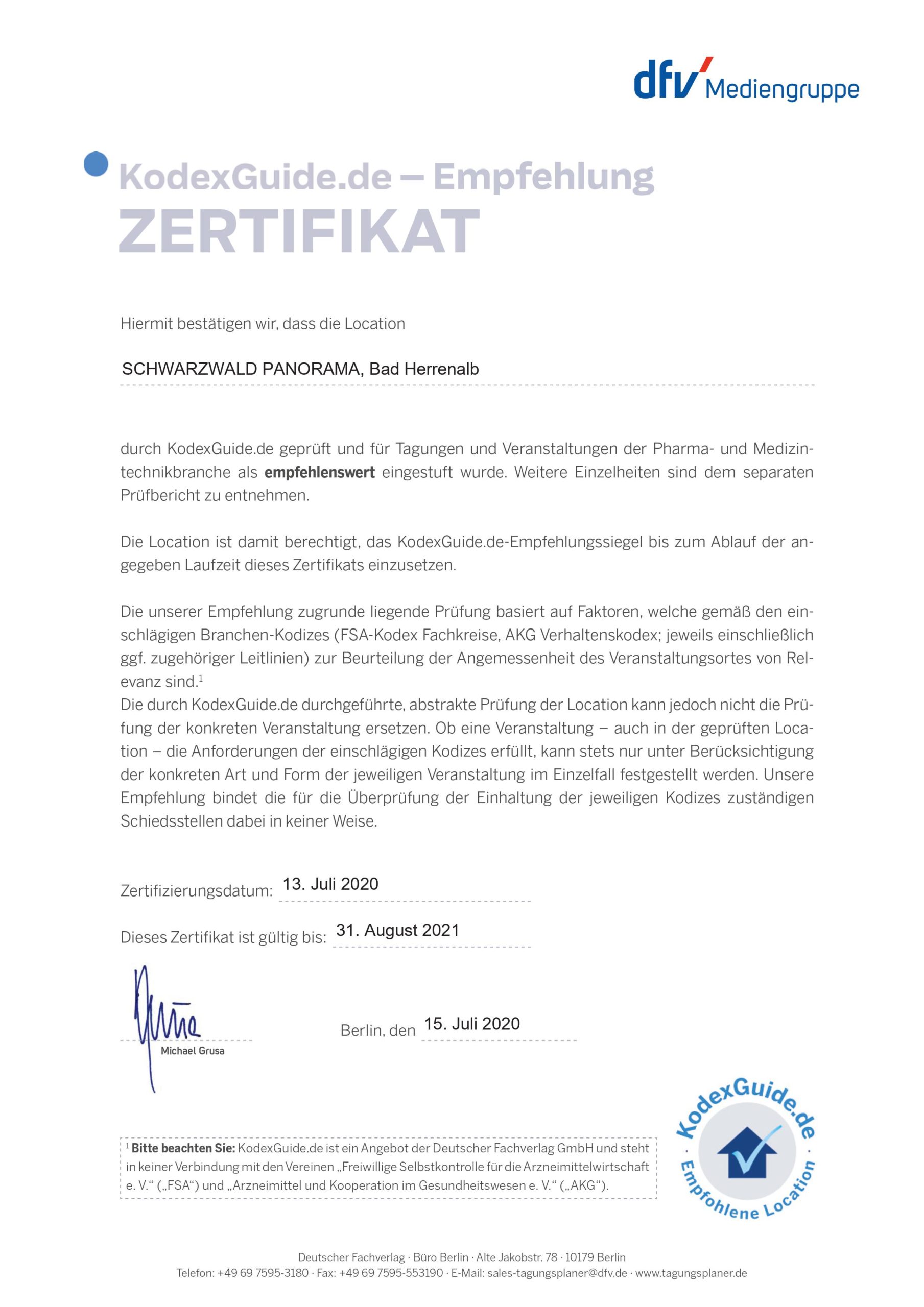 Ein Zertifikat von KodexGuide welches das Tagungshotel SCHWARZWALD PANORAMA für Tagungen und Veranstaltungen der Pharma & Medizin- Branche als empfehlenswert einstuft