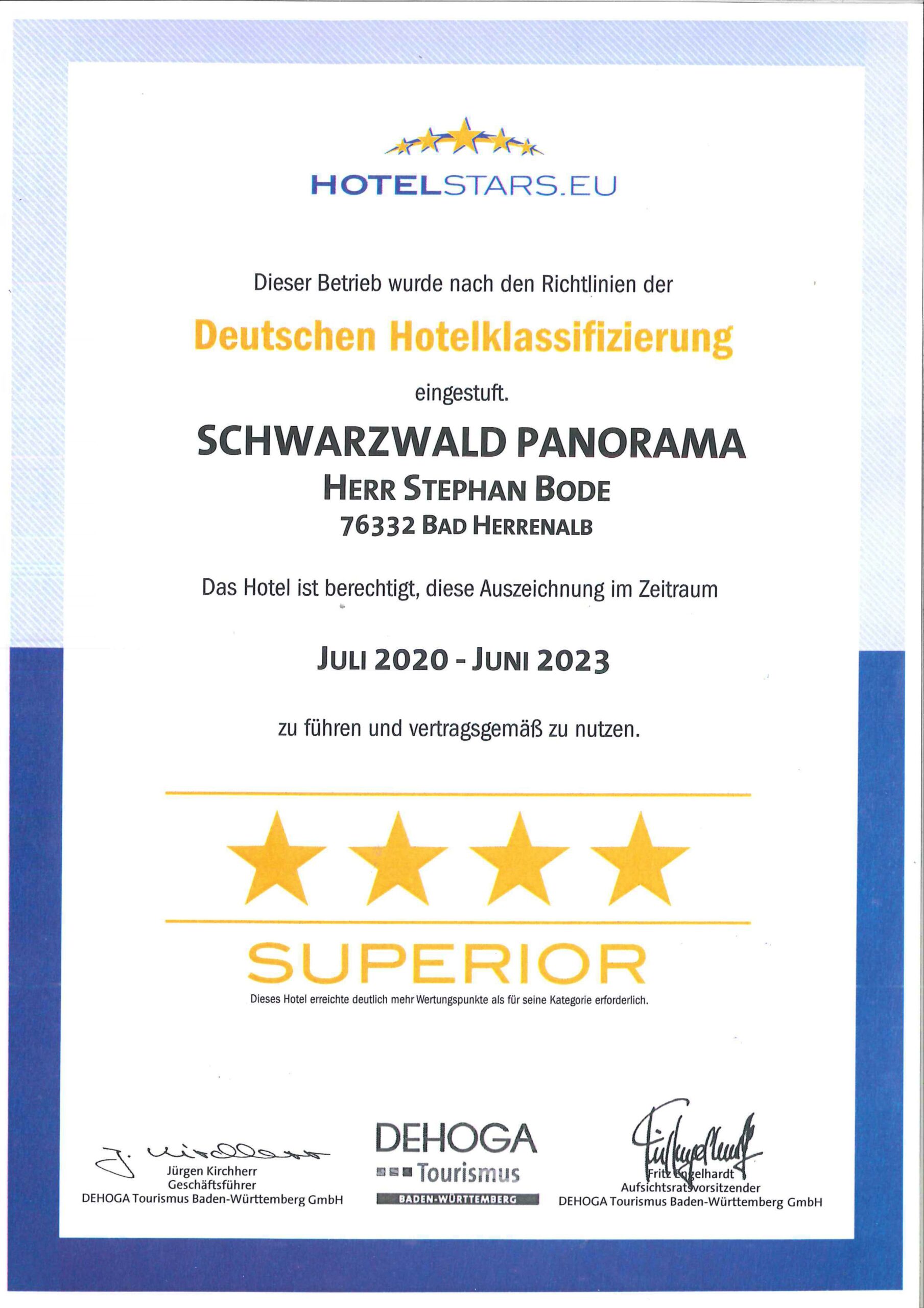 DEHOGA Zertifikat 2020 bis 2023 Deutsche Hotelklassifizierung für Schwarzwald Panorama