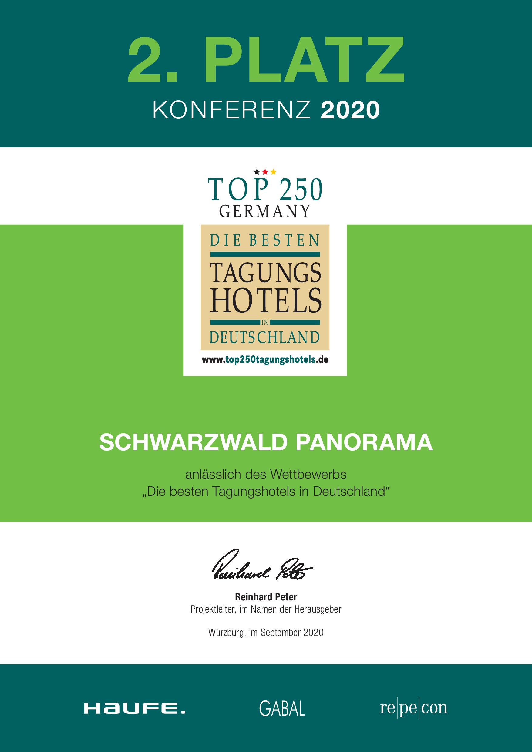 Zertifikat Top Tagungshotels Deutschland 2017 vom Schwarzwald Panorama - Sieger in der Kategorie Meeting