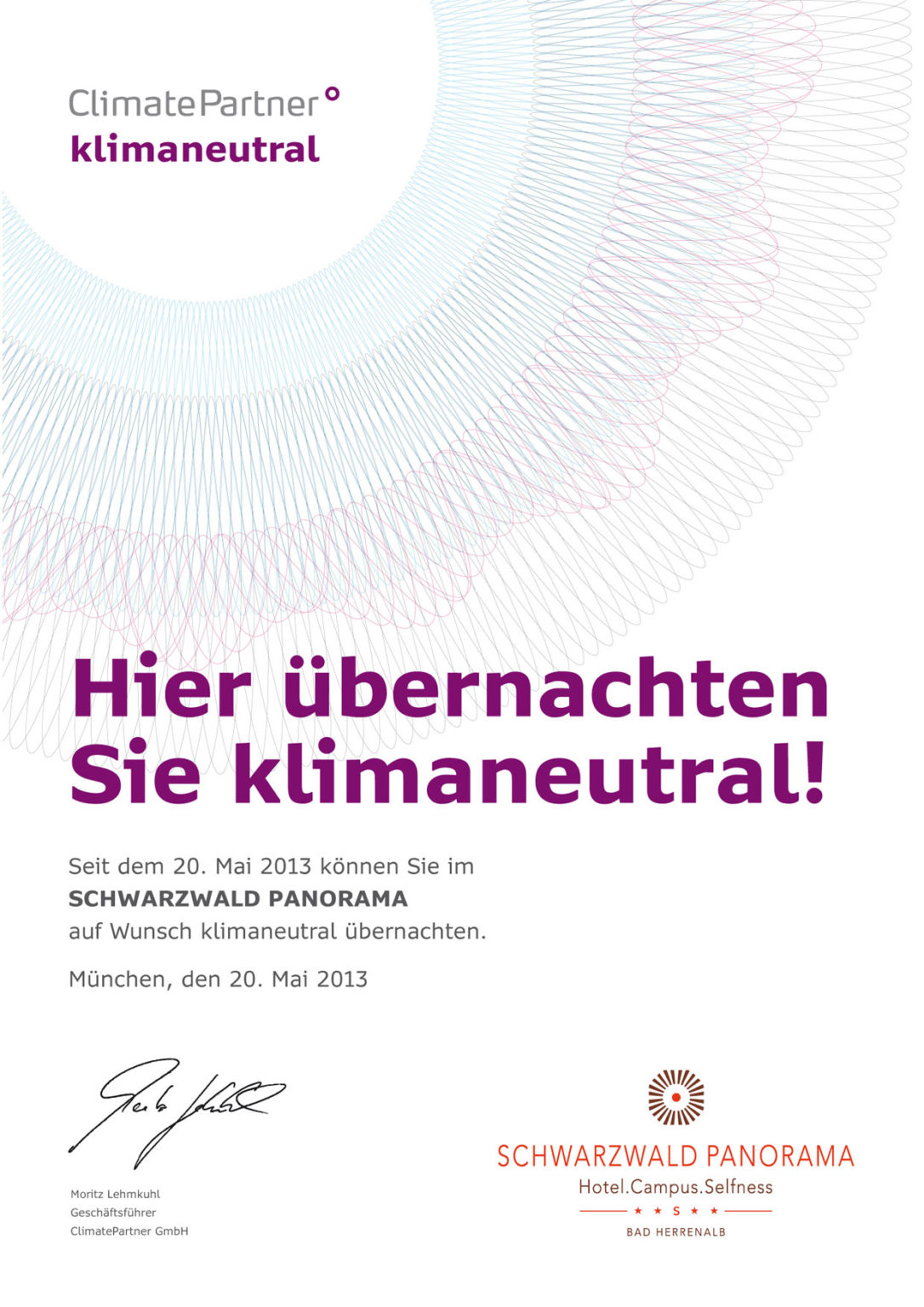 Zertifikat von Climate Partner für klimaneutrale Übernachtungen im Hotel Schwarzwald Panorama