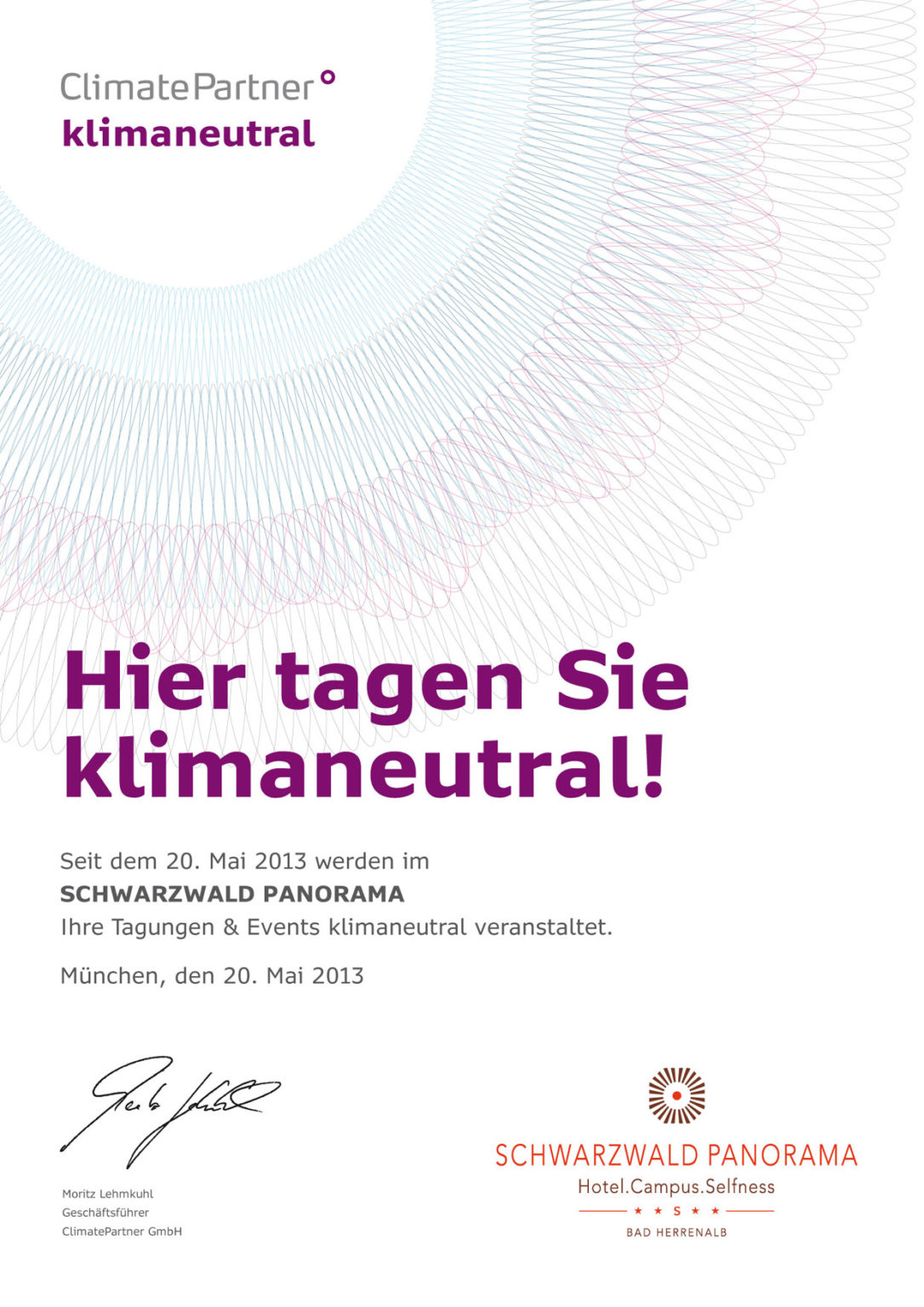 Zertifikat von Climate Partner für klimaneutrale Tagungen im Hotel Schwarzwald Panorama