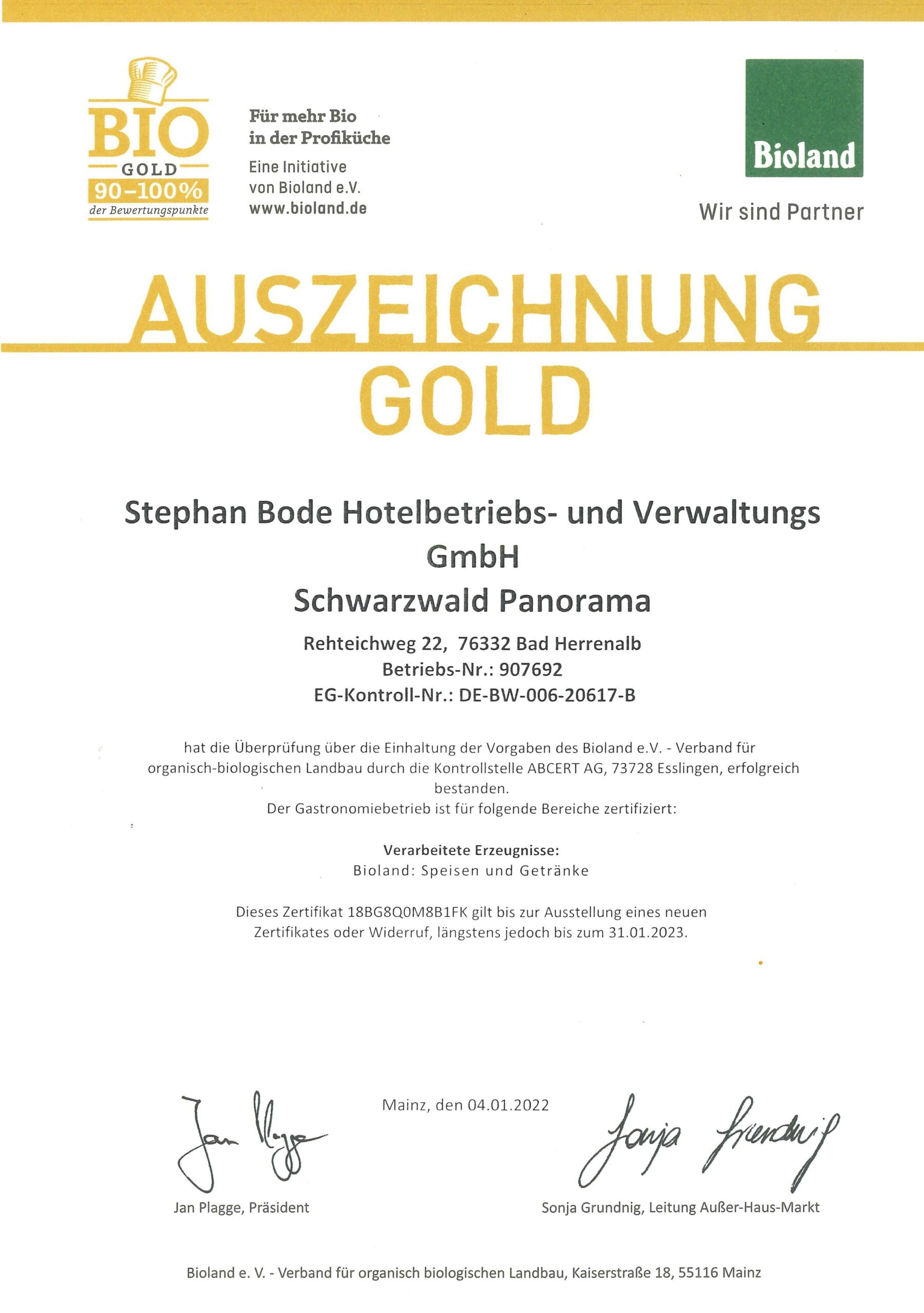 Bioland Zertifikat 2019 für das Hotel Schwarzwald Panorama der Stephan Bode Hotelbetriebs- und Verwaltungs-GmbH