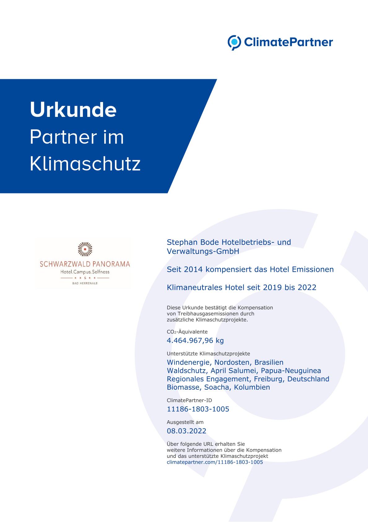 Zertifikat ClimatePartner für Schwarzwald Panorama Klimaneutraler Restaurantbetrieb 2018