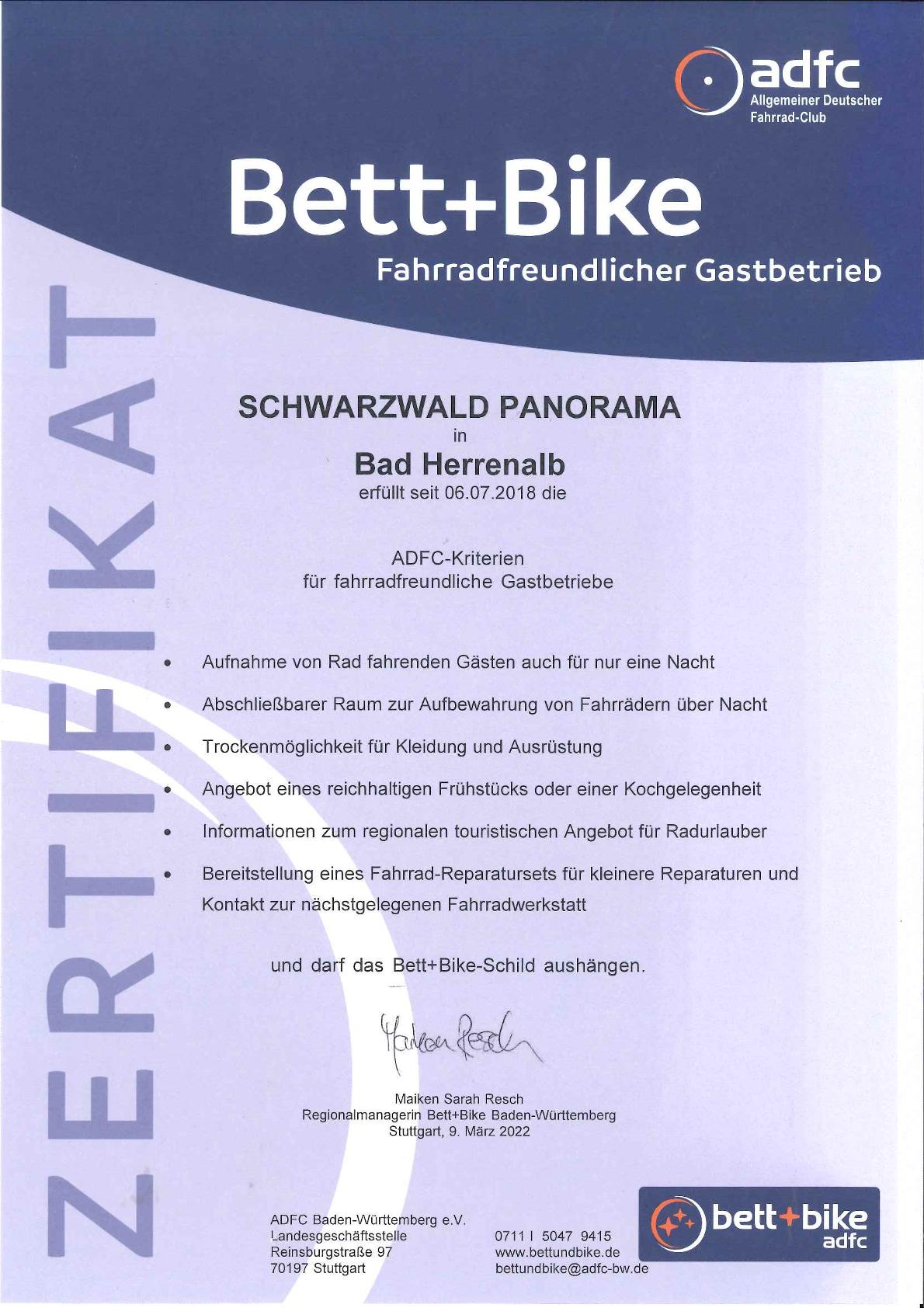 Zertifikat Bett und Bike 2018 Schwarzwald Panorama für fahrradfreundliches Hotel